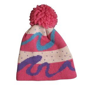 Vtg Wigwam Women's Wool Knit Ski Hat Pink Blue Purple Big Pom-Pom Made in USA